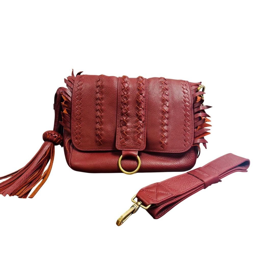 Bixi Awotan Seneca Red Pebbled Leather Fringe Braided Shoulder Bag Tassel Boho - Picture 10 of 13